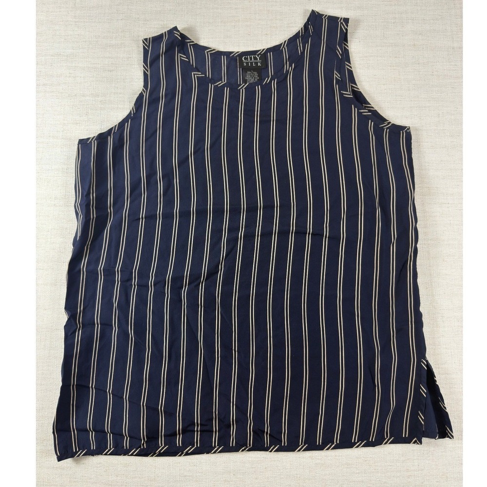 City Silk Navy Blue Pinstripe 100% Silk Sleeveless Tank Top Blouse Large